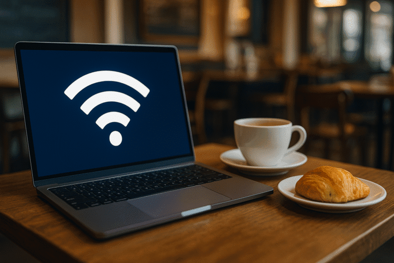 Laptop on a table at a café illustrating the dangers of using public Wi-Fi for business tasks.